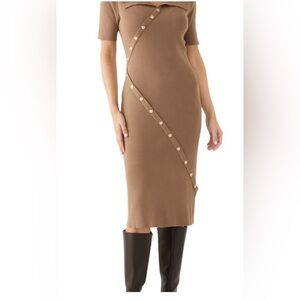 Karl Lagerfeld Tan Ribbed Midi Dress with Diagonal Button Detail